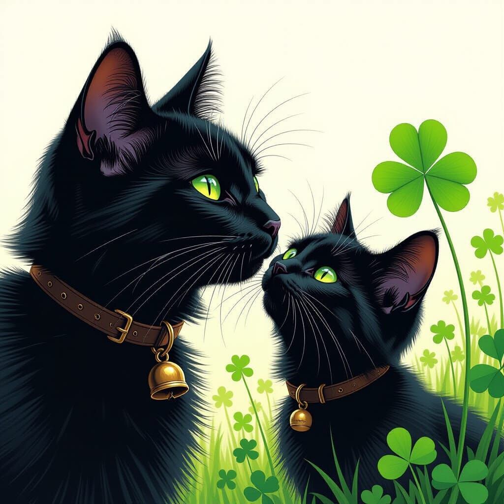 Black Cat and Four-Leaf Clover in Hyper-Realistic Comic Styl...