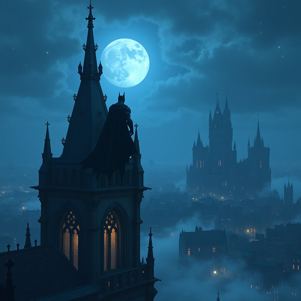 Batman Over Gothic City in Ethereal Blue Light