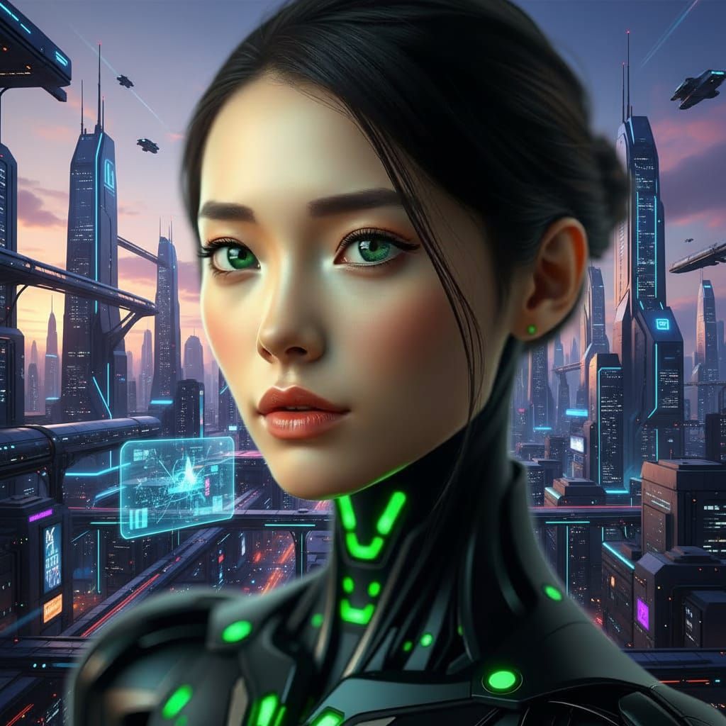 Beautiful Android Portrait with Subtle Glowing Circuits
