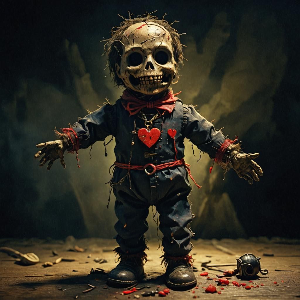 A voodoo doll with a tiny heart sewn into its chest, rendere...