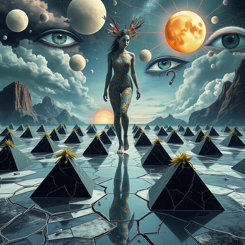 Mystical Woman Composed of Vibrant Tools Walks on Black and ...