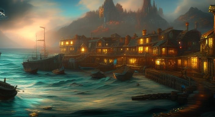 Fantasy Ocean Port Town: Detailed Digital Art