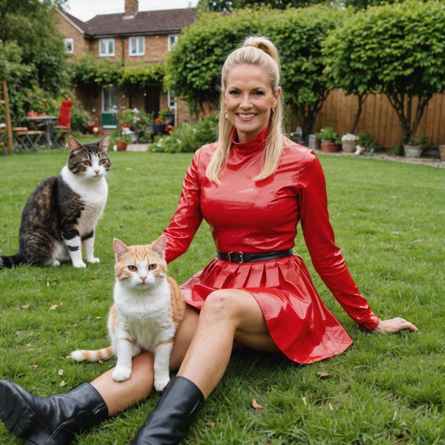 Woman in Red PVC Dress in Garden with Cats