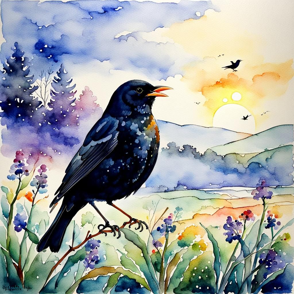Watercolour Painting of a Blackbird at Dawn