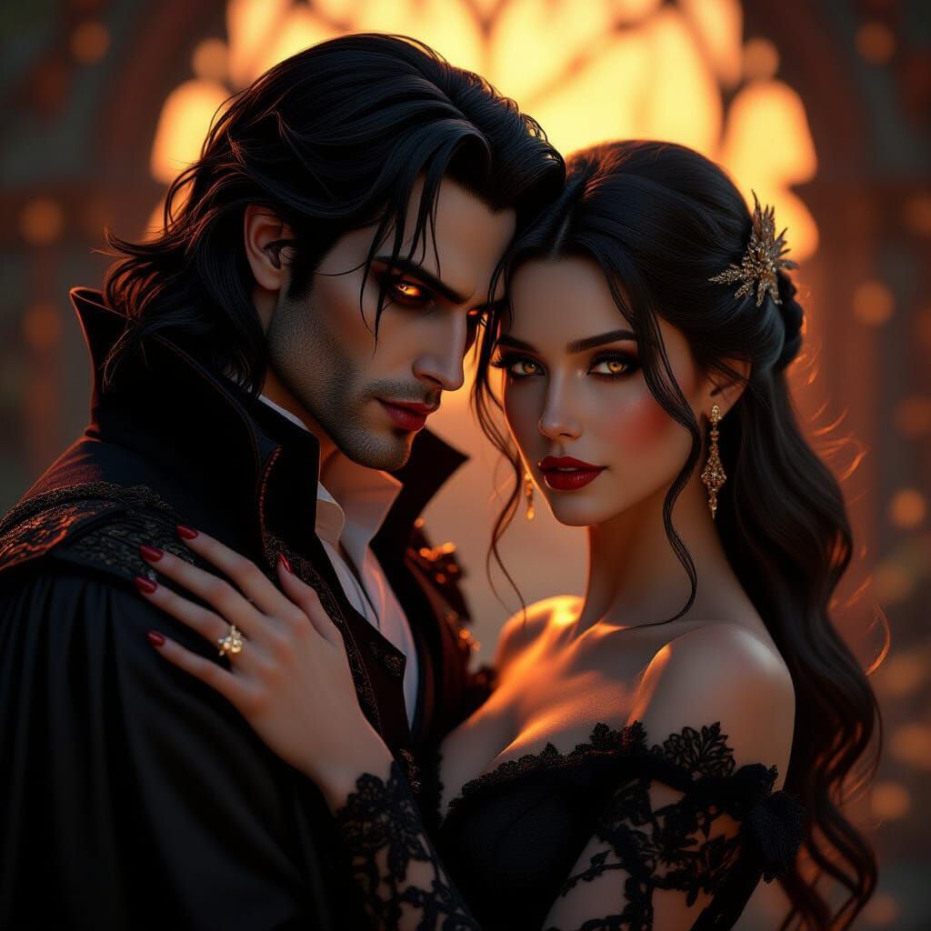 Gothic Vampire Tenderly Embraces Woman in Dramatic Lighting