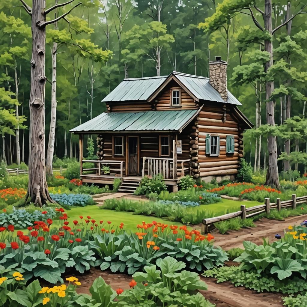 Abstract Log Cabin and Garden in the Woods