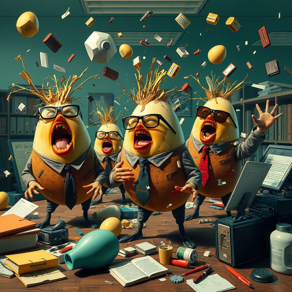 Surrealist Angry Eggs Cause Office Chaos