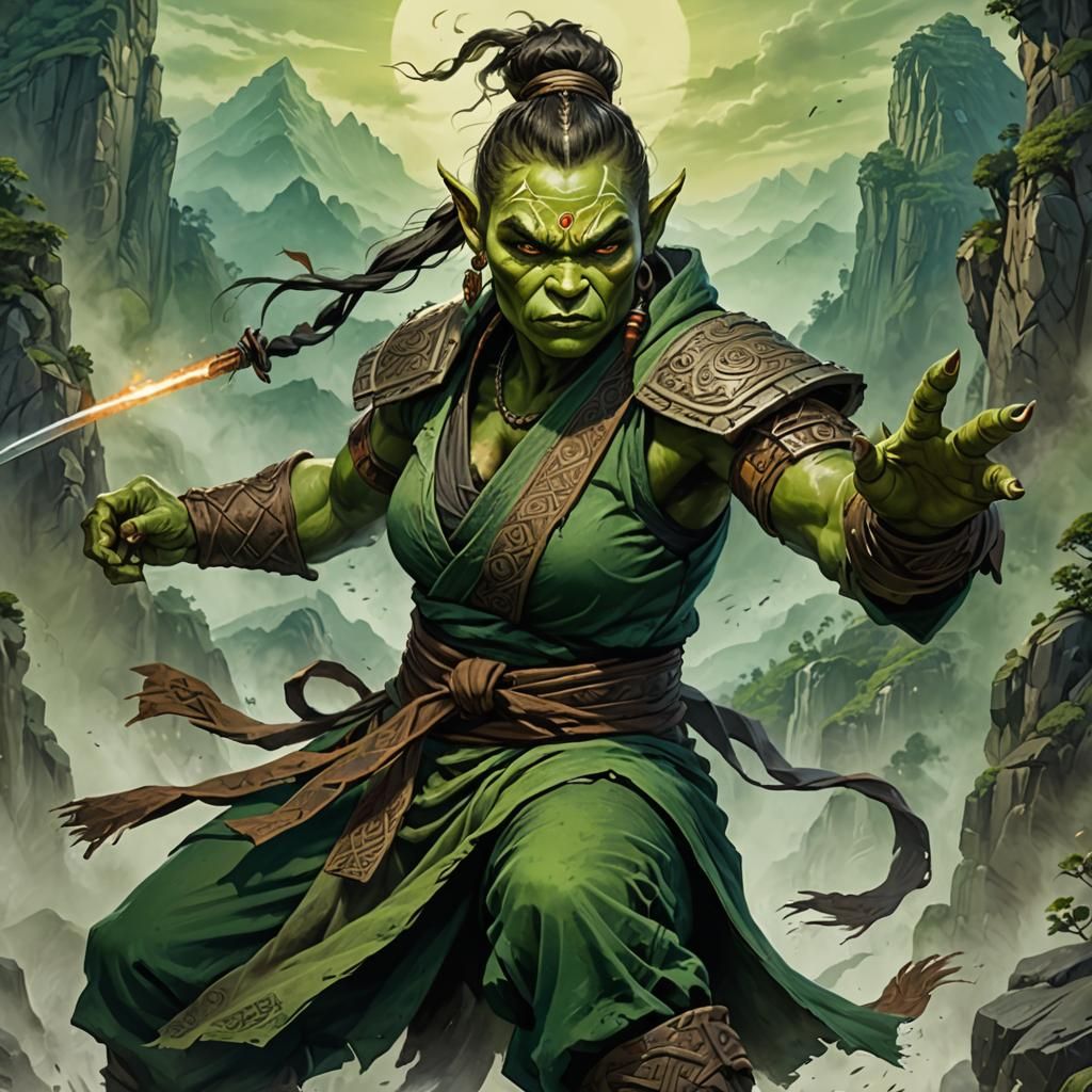 Orc Monk in Misty Mountains: Fantasy Illustration