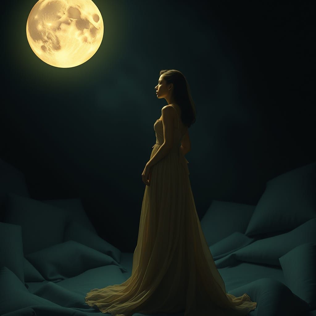 A Dreamy Goddess Under a Vintage Moonlit Sky