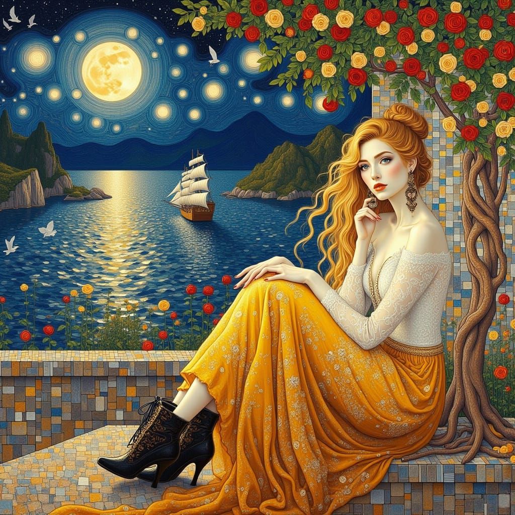 Woman on Terrace Overlooking Sea in Gustav Klimt Style