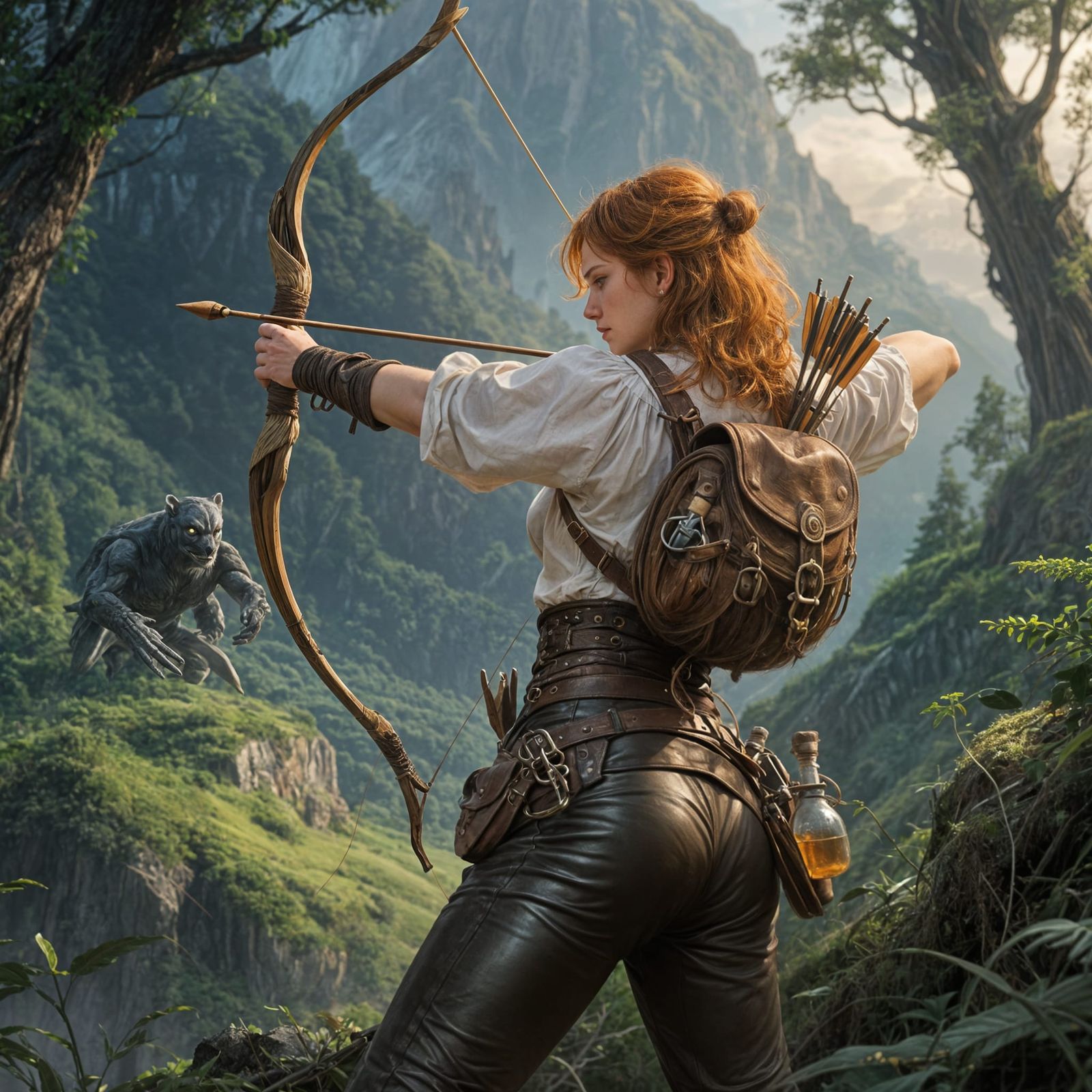 Ginger Adventurer Aims Bow in Lush Valley: Fantasy Illustrat...