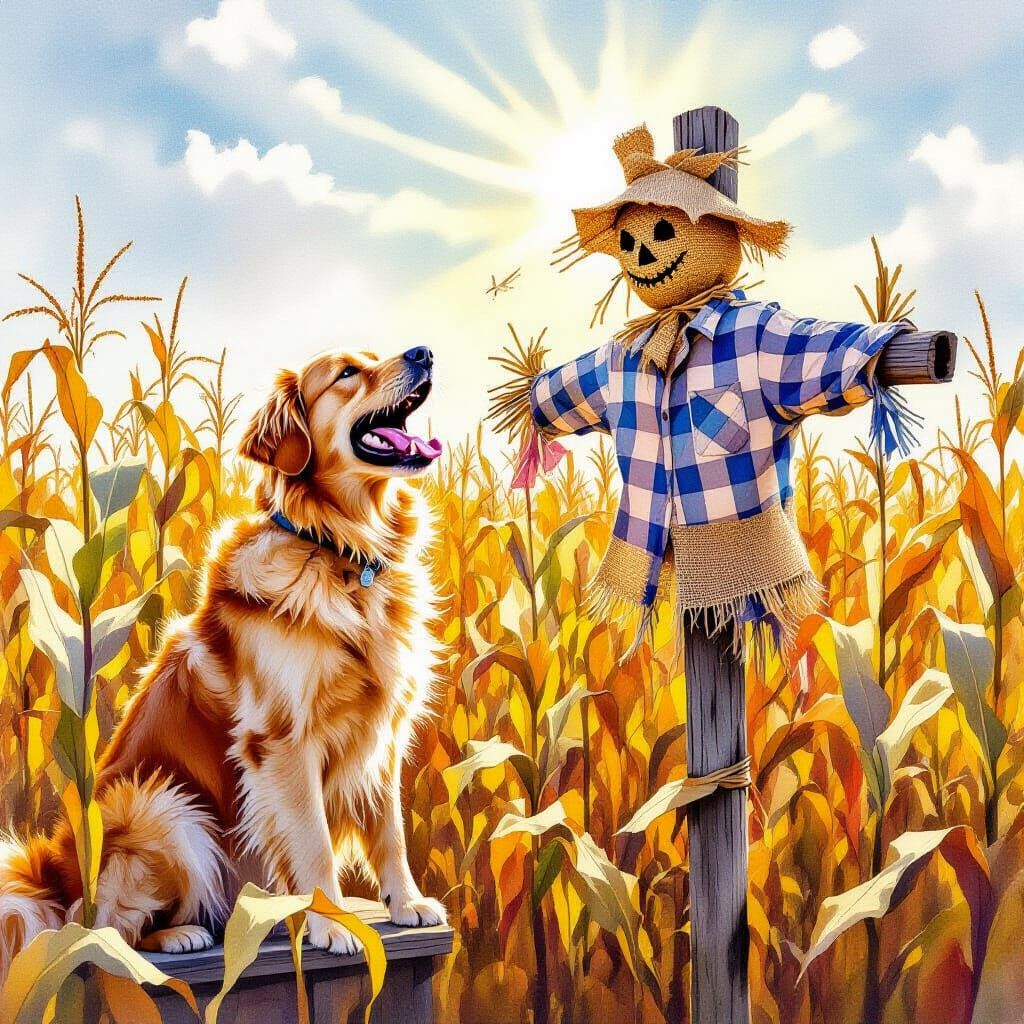 Golden Retriever Barks at Scarecrow in Cornfield Watercolor