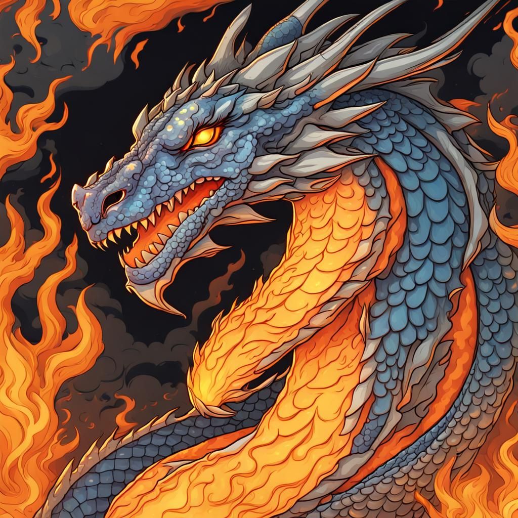 Dragon Emerges from Fire in Flat Vector Art