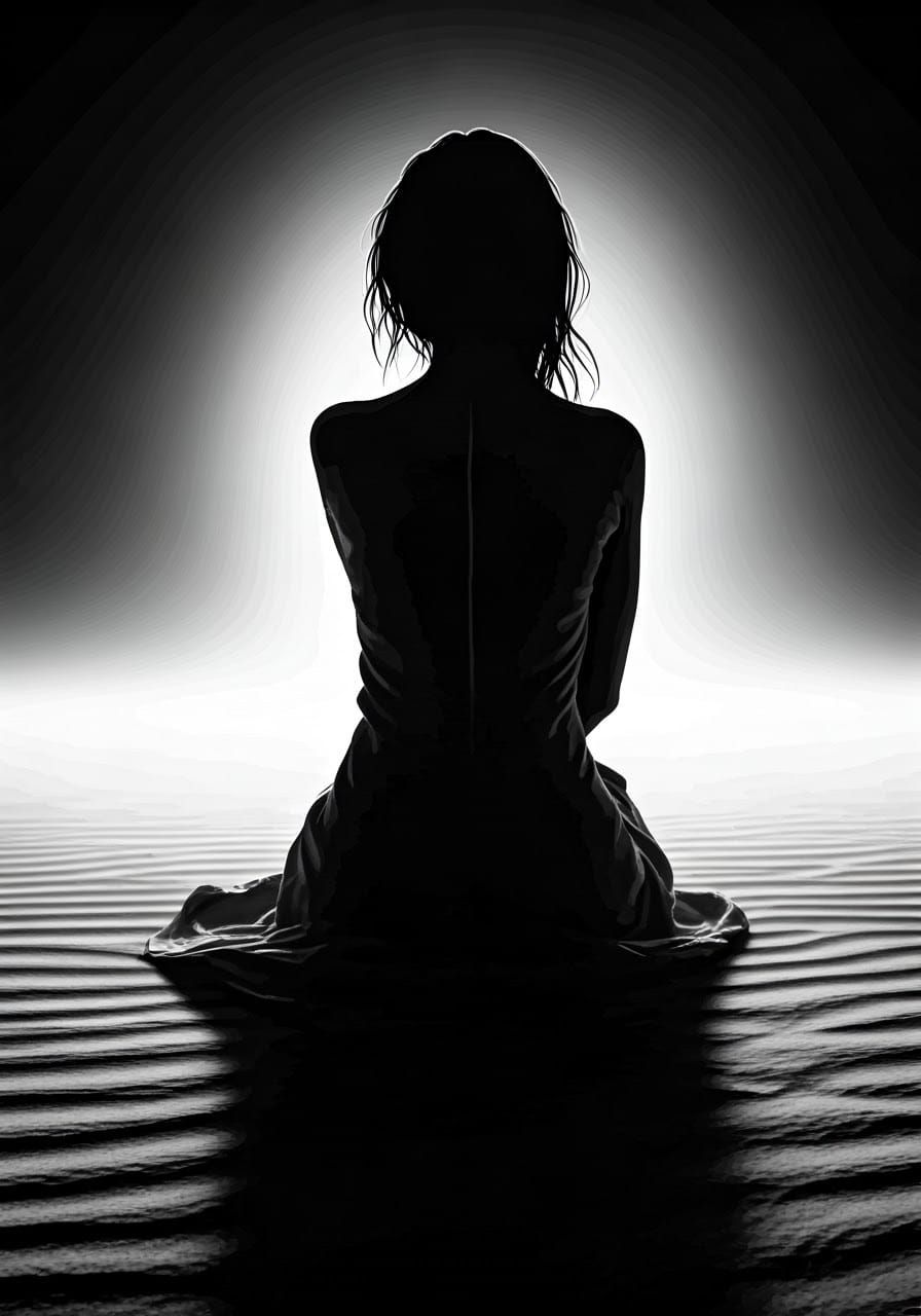 Seductive Beach Silhouette in High Contrast Ink Drawing