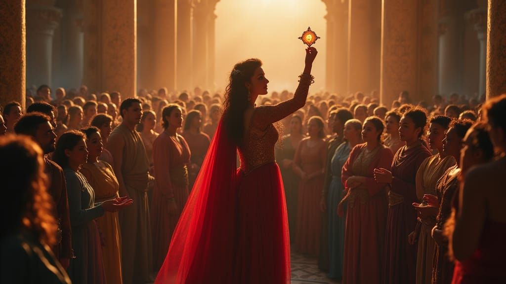 Amara Addresses Crowd with Amulet in Heroic Portraiture