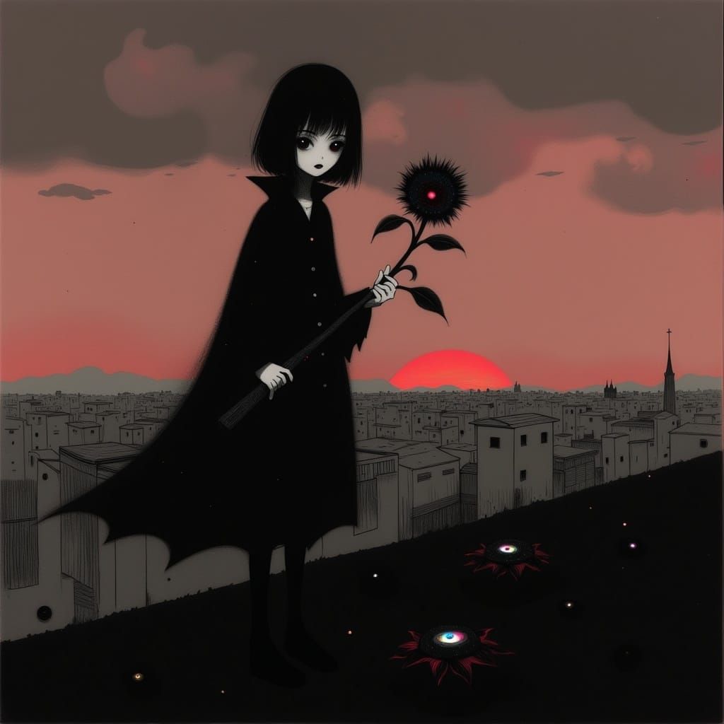 Female Vampire on Rooftop at Sunset