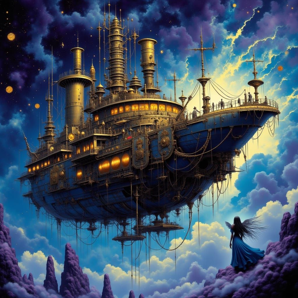 Steampunk Airship Soars Through Cosmic Nebula