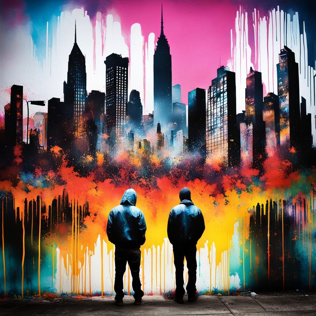 City Silhouette in Double Exposure Graffiti Art