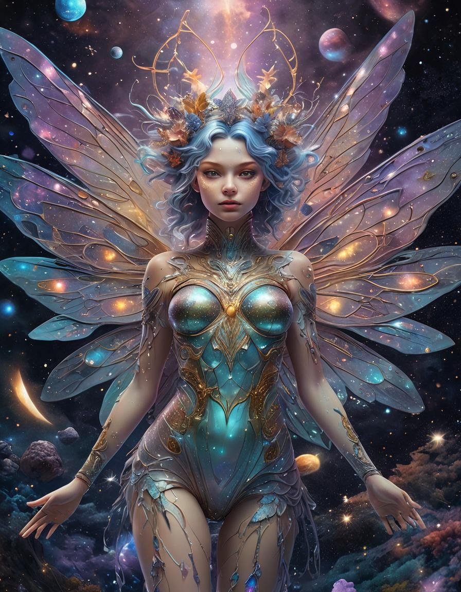 Holographic Cosmic Fairy Illustration in Mixed Media
