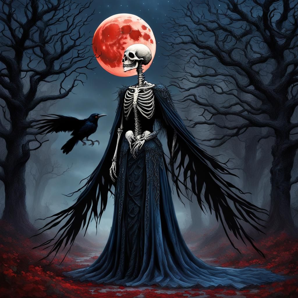 Skeleton in Blue Gown Under Blood Moon