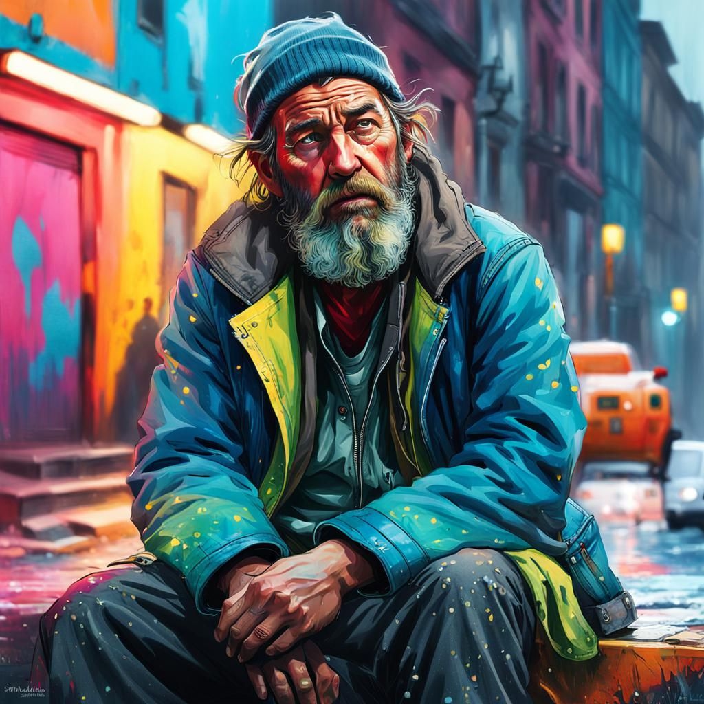 Ashamed Homeless Man in a Cityscape
