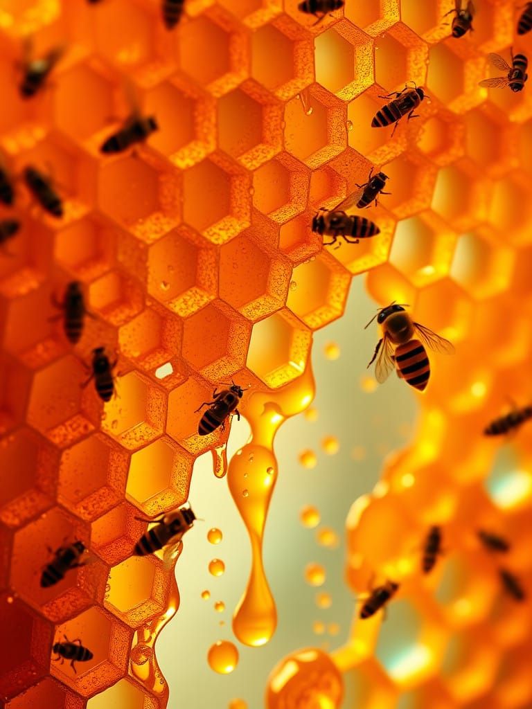 Hexagonal Honeycomb Beauty with Busy Bees and Golden Honey
