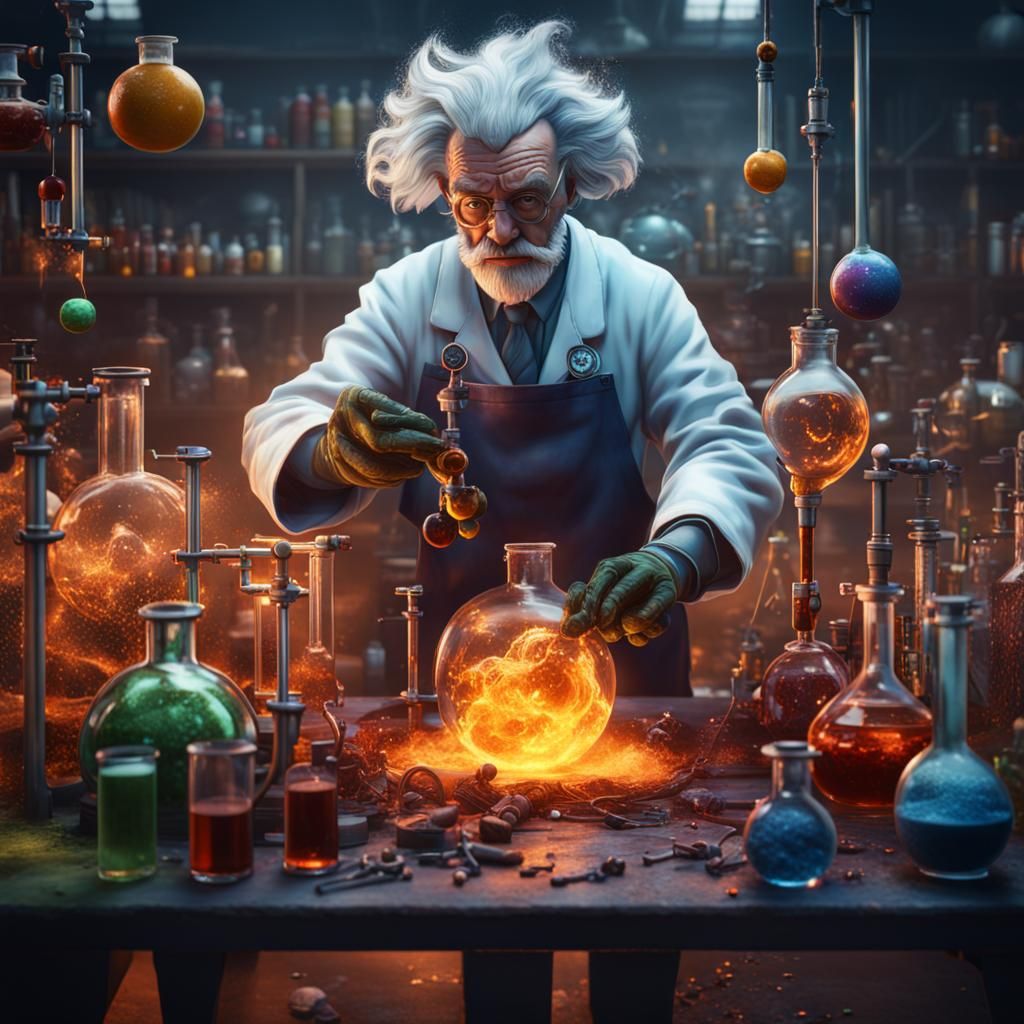 Hyperreal Mad Scientist in Detailed Matte Painting