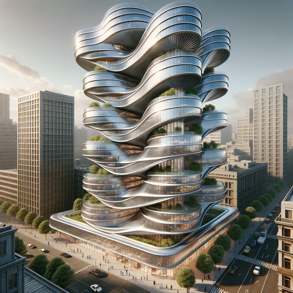 Futuristic Wave-Twisted High-Rise Building in 3D