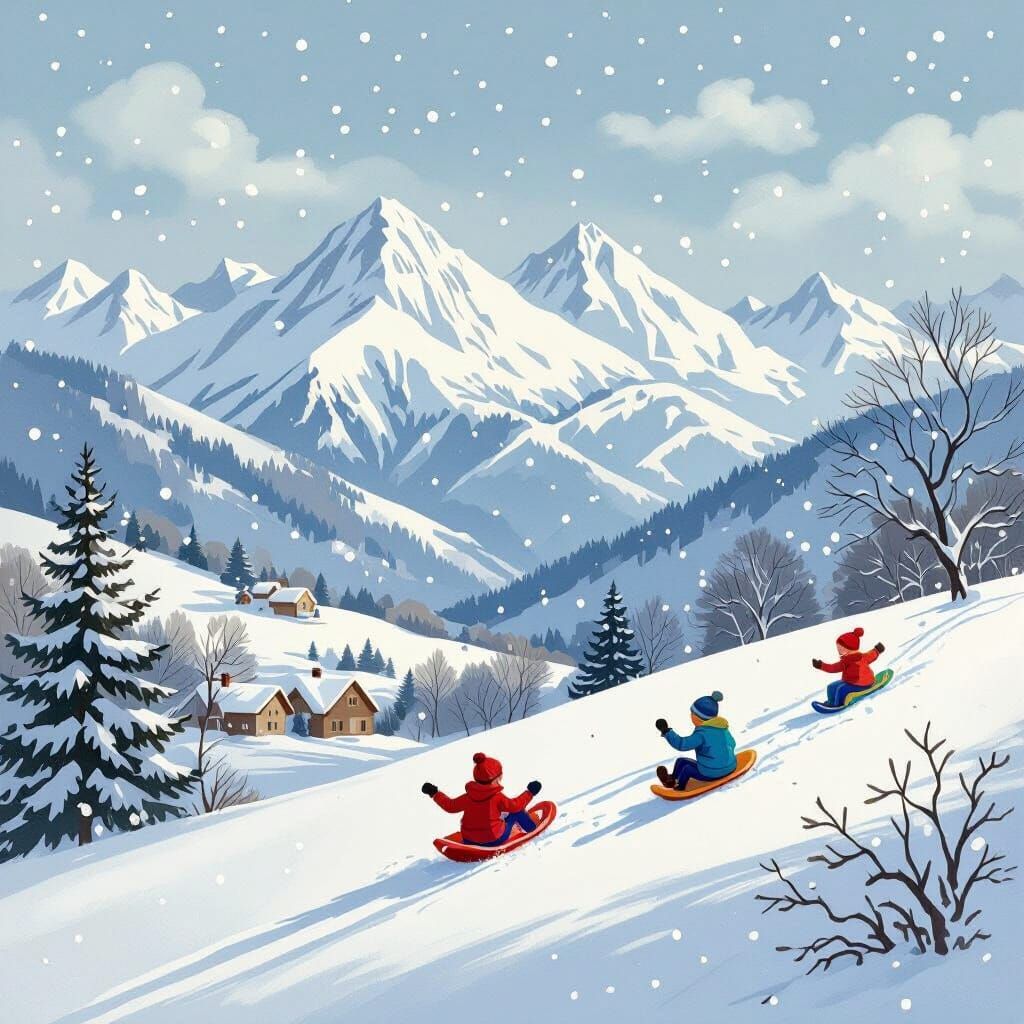 Children Sledding in Snowy Mountains With Whimsical Art Styl...