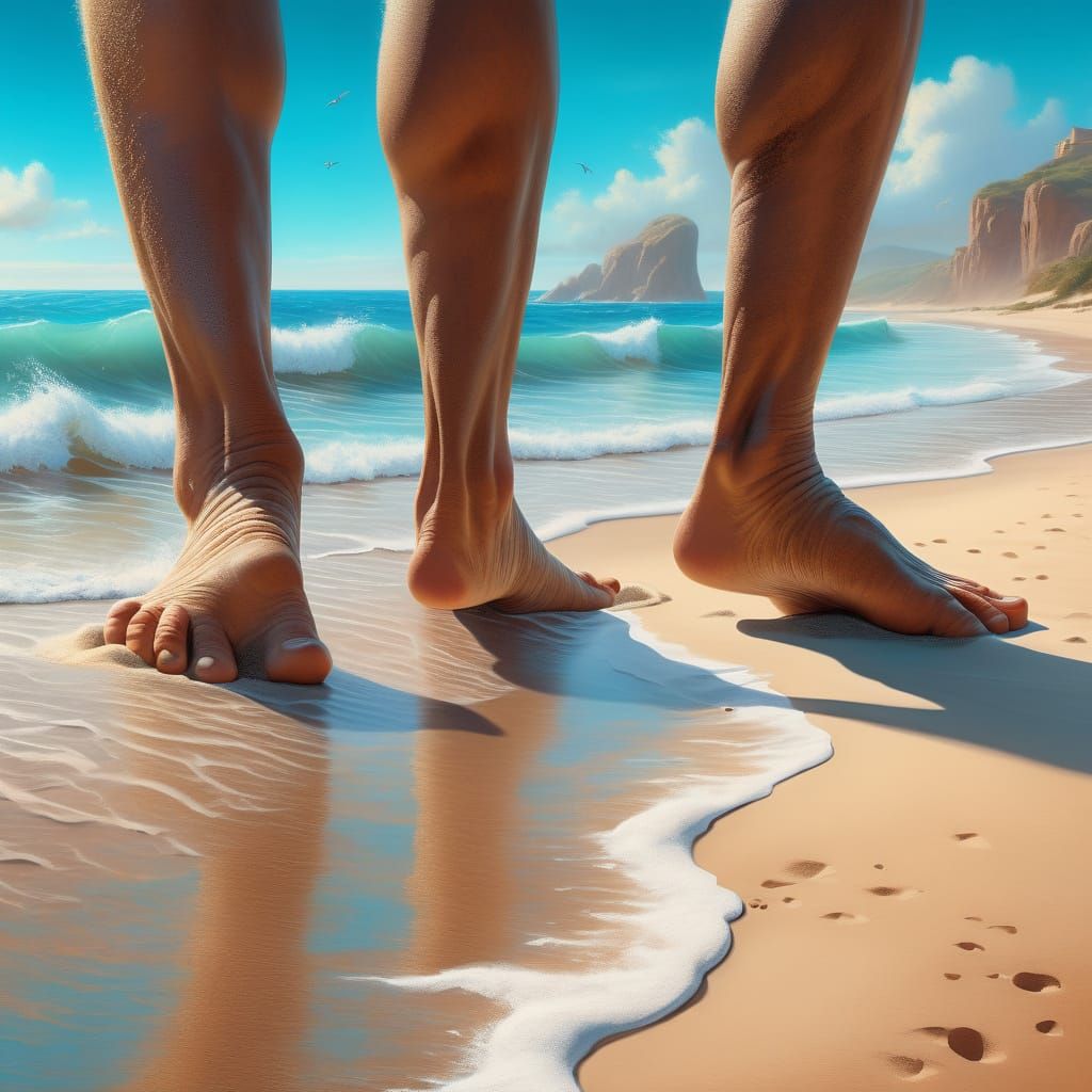 Hyperrealistic Feet on Warm Sand in Digital Art