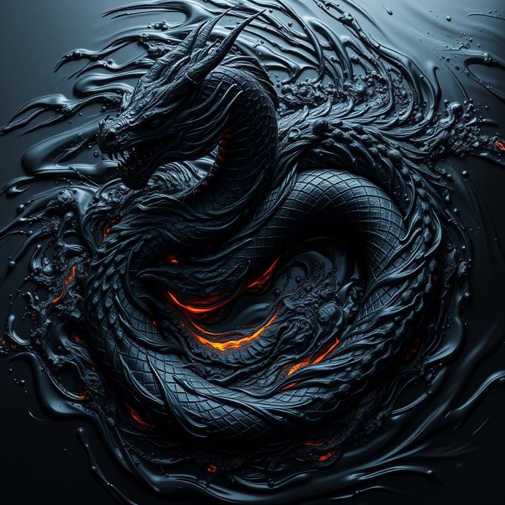 Liquid Black Dragon: Hyperrealistic Dark Fantasy Art