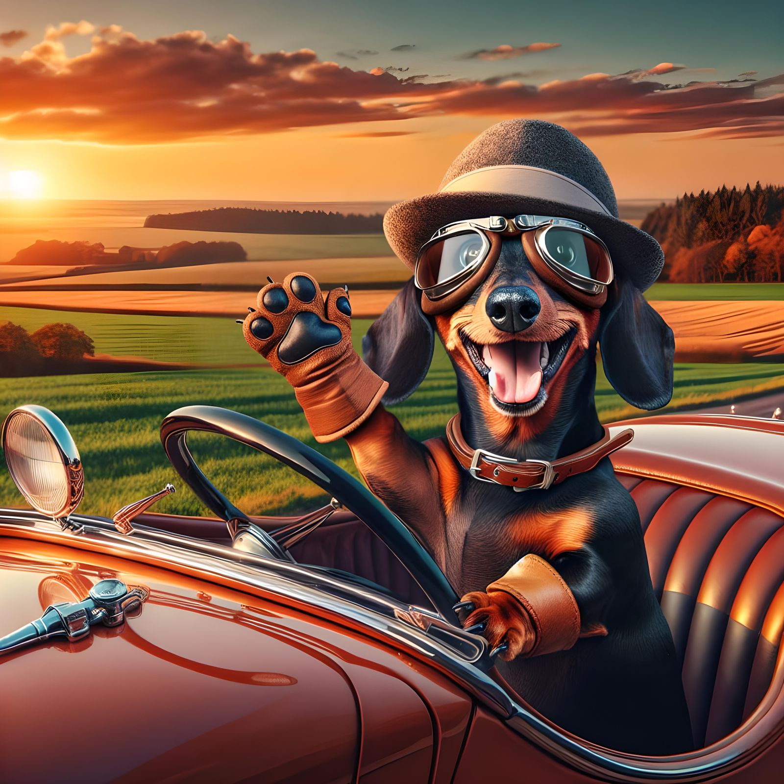 Cheerful Dachshund Roadster Ride at Sunset