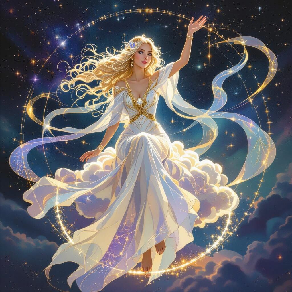 Celestial Being Waving from Glowing Cloud in Cosmic Expanse