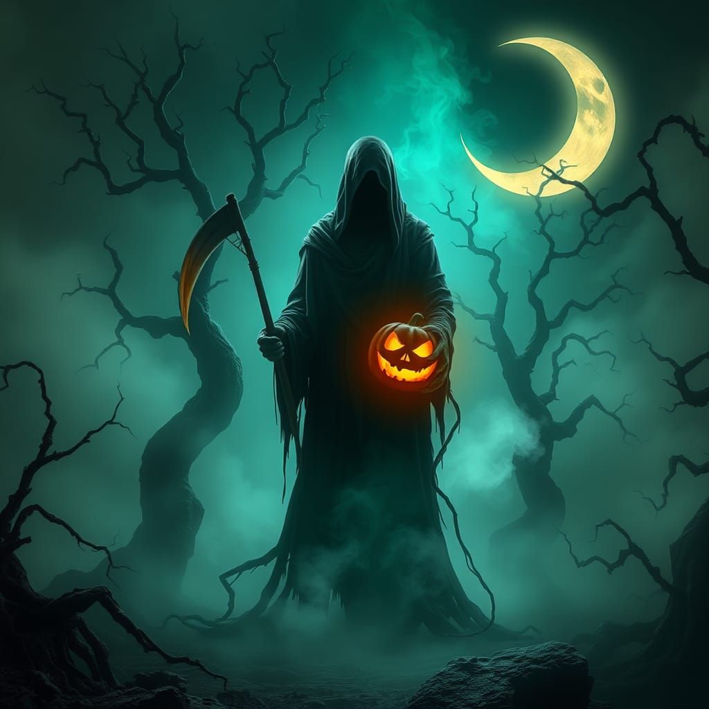 Ethereal Figure with Pumpkin Reaper in Mystical Landscape