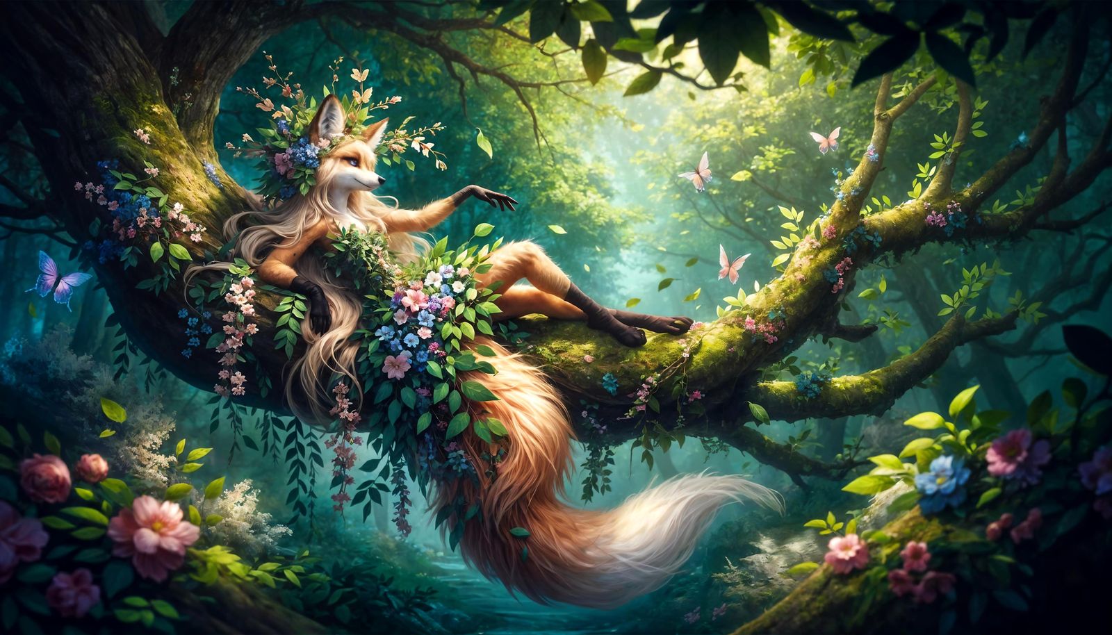 Fox Humanoid in Mystical Forest with Blossoms