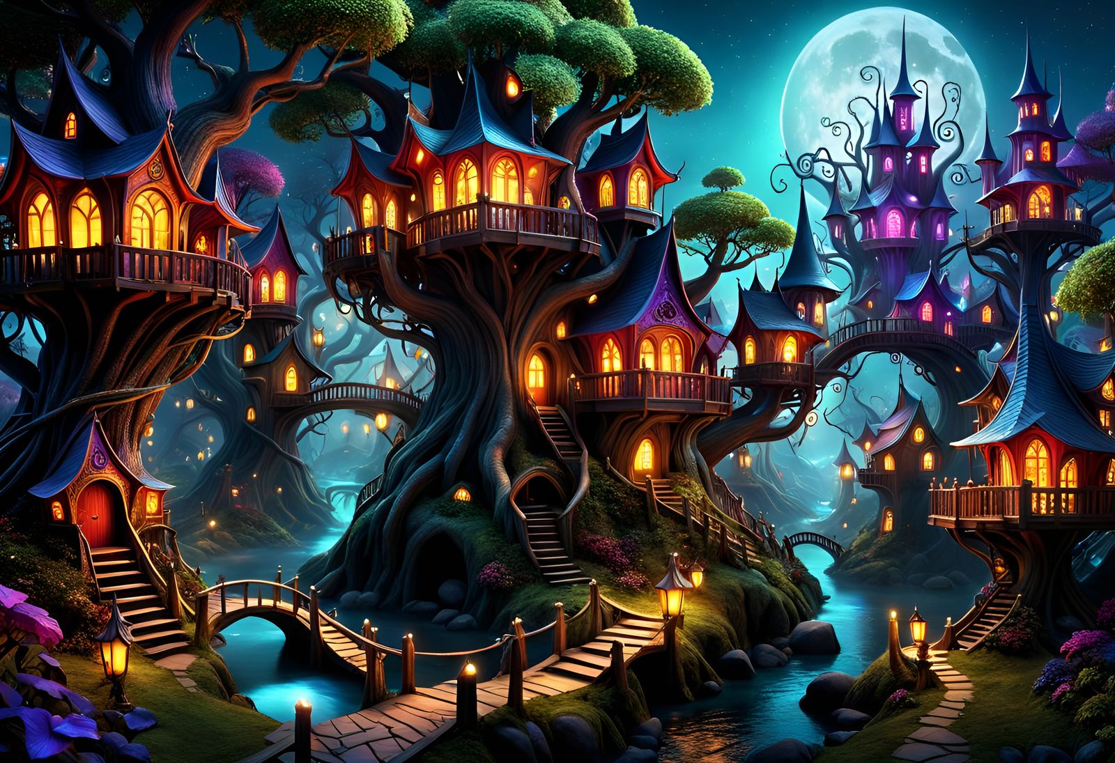 Goblincore Tree Village in a Dark Fairytale Land