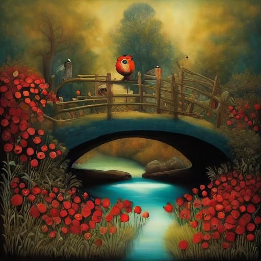 <lora:PR Patchwork Whimsy:1.0> Two ducks 🦆 in a stream beneath a small red foot bridge looked upon by a squirrel in a t...