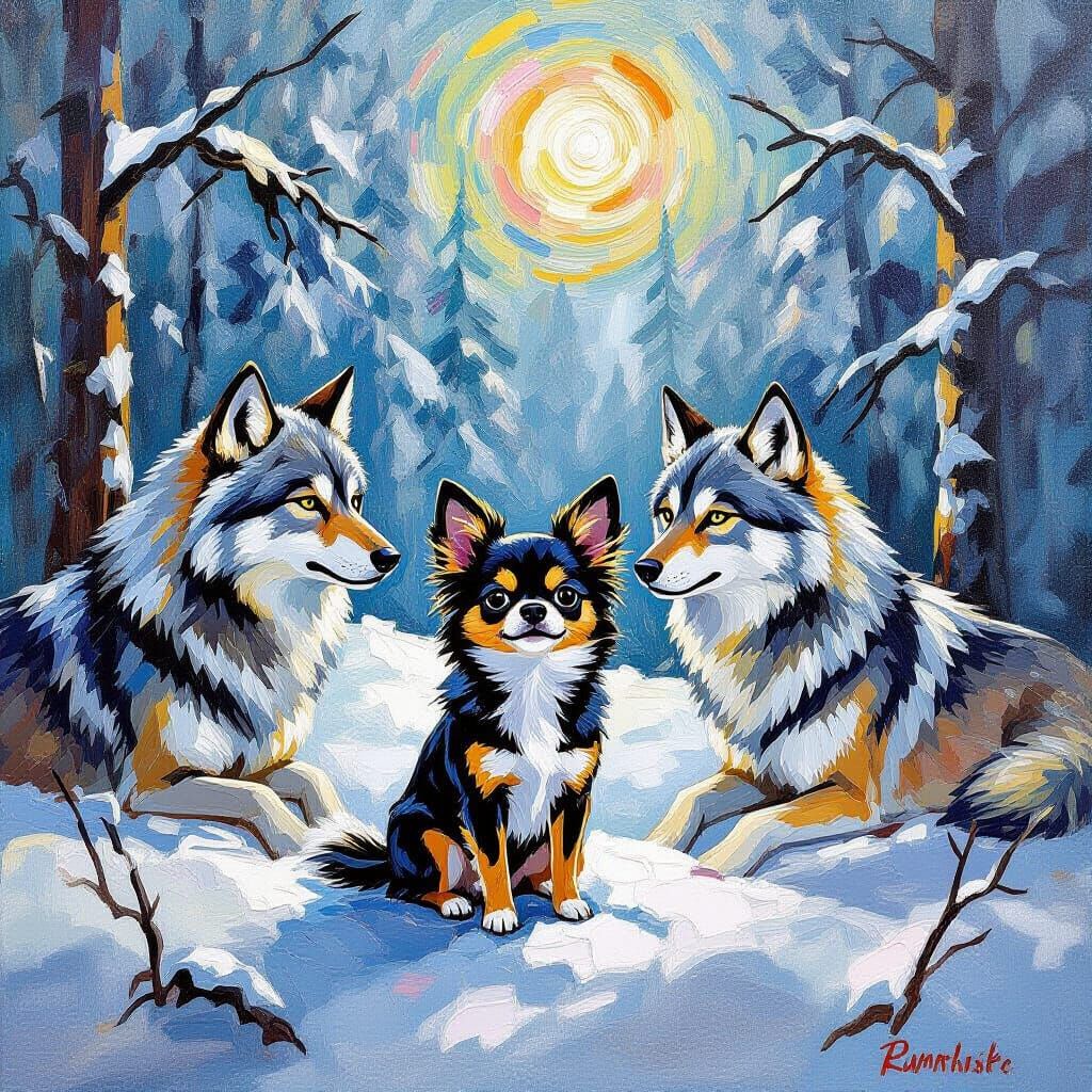 Chihuahua Befriends Wolves in Snowy Forest