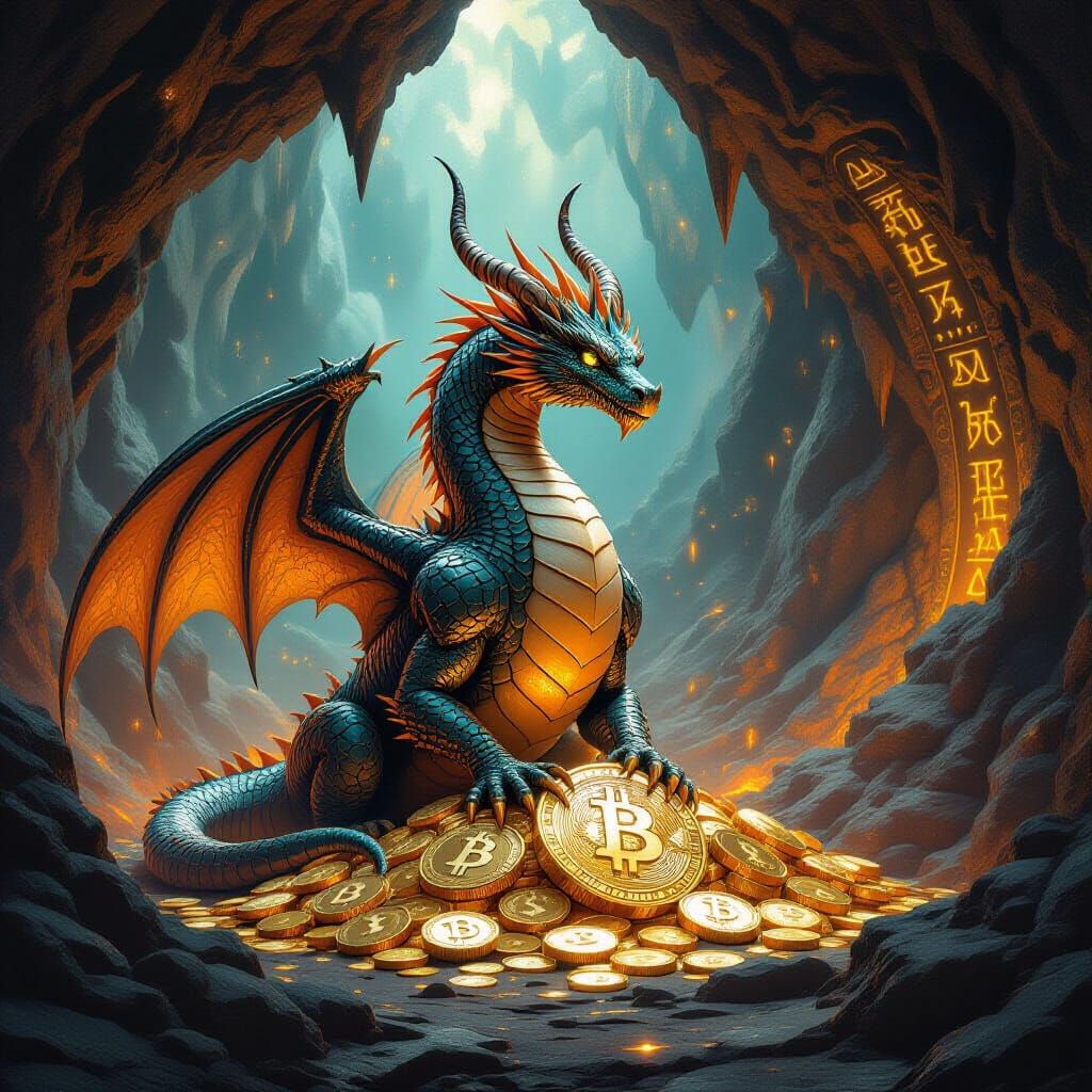 Dragon Hoarding Bitcoin in a Fantasy Cavern