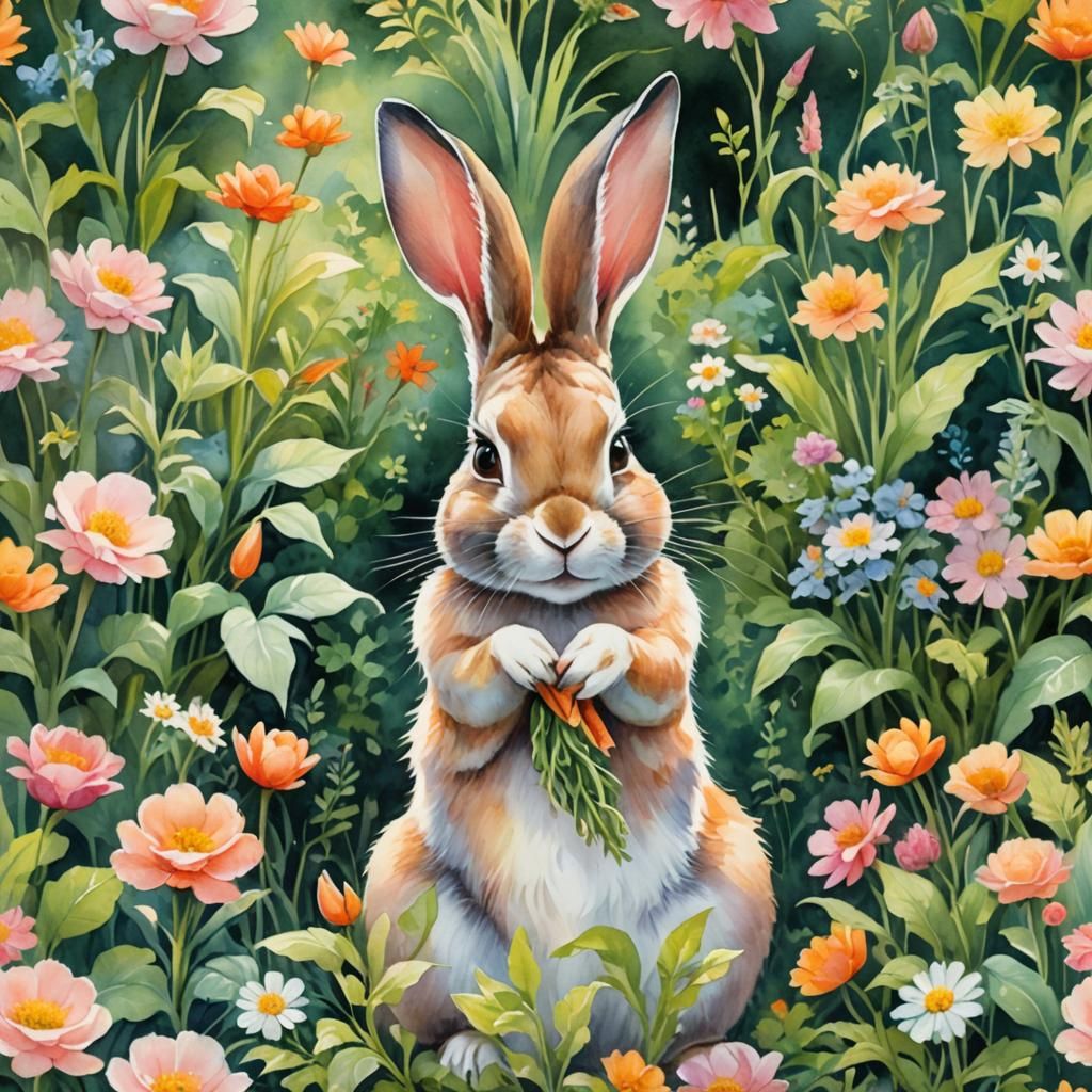 Whimsical Rabbit Gardener in Watercolor Style