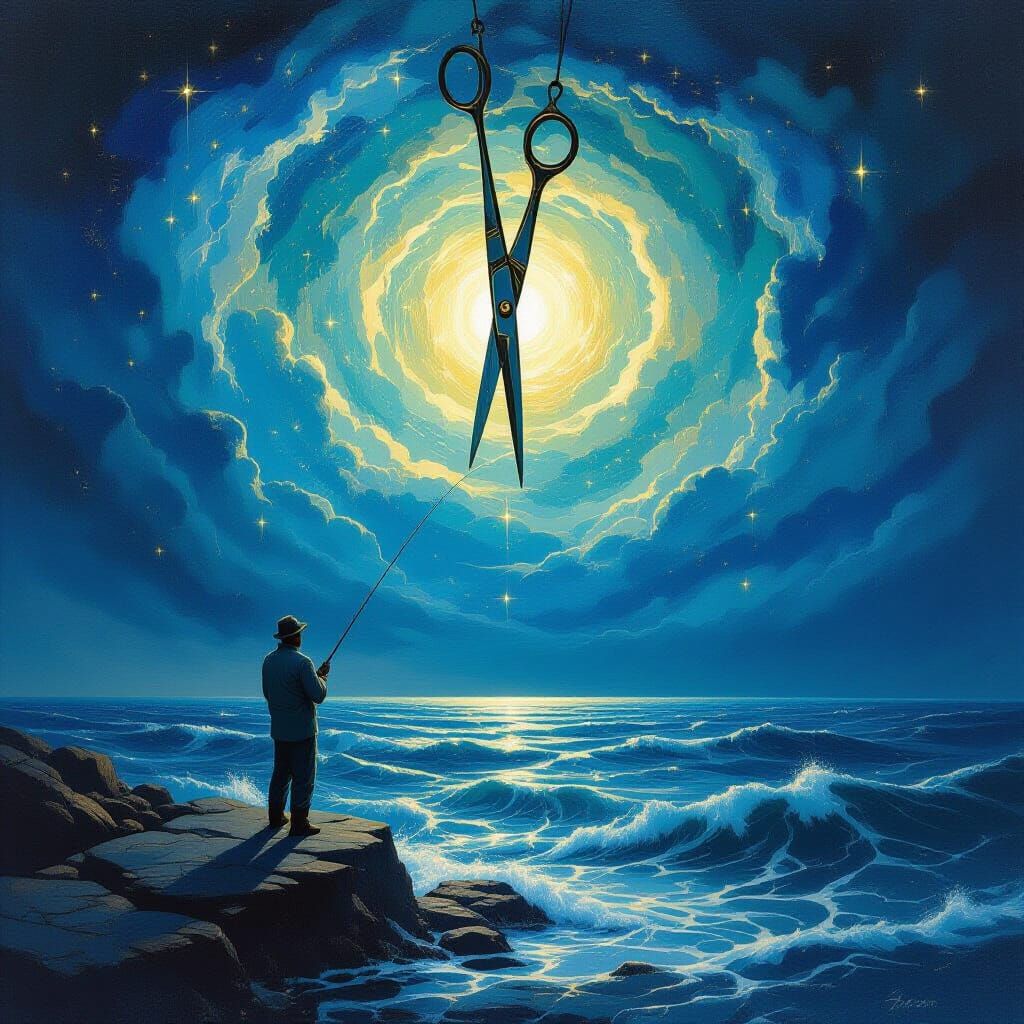 Fisherman Casting Line into Cosmic Ocean Under Giant Scissor...