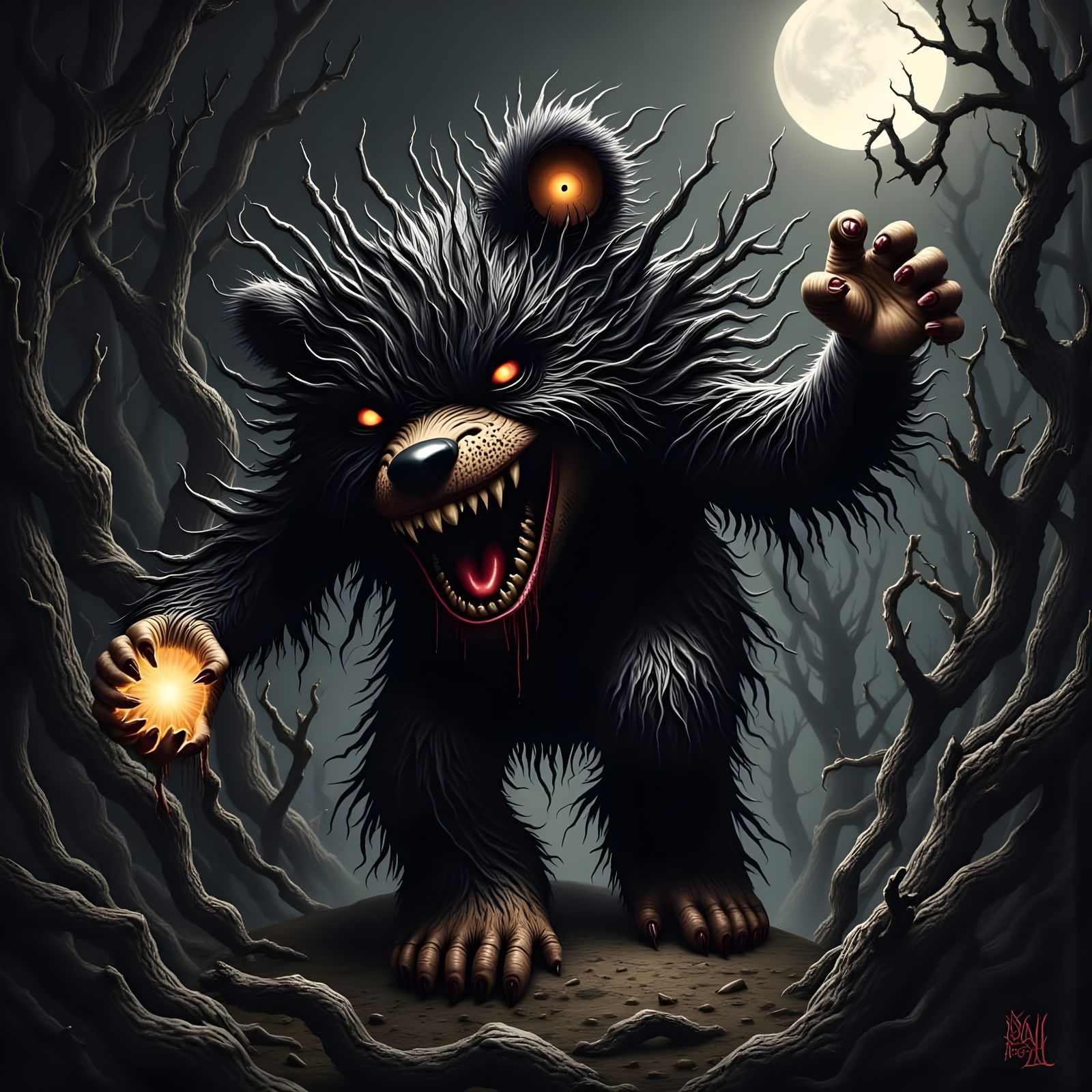 Ethereal Horror Teddy Bear Screams in Darkened Realms