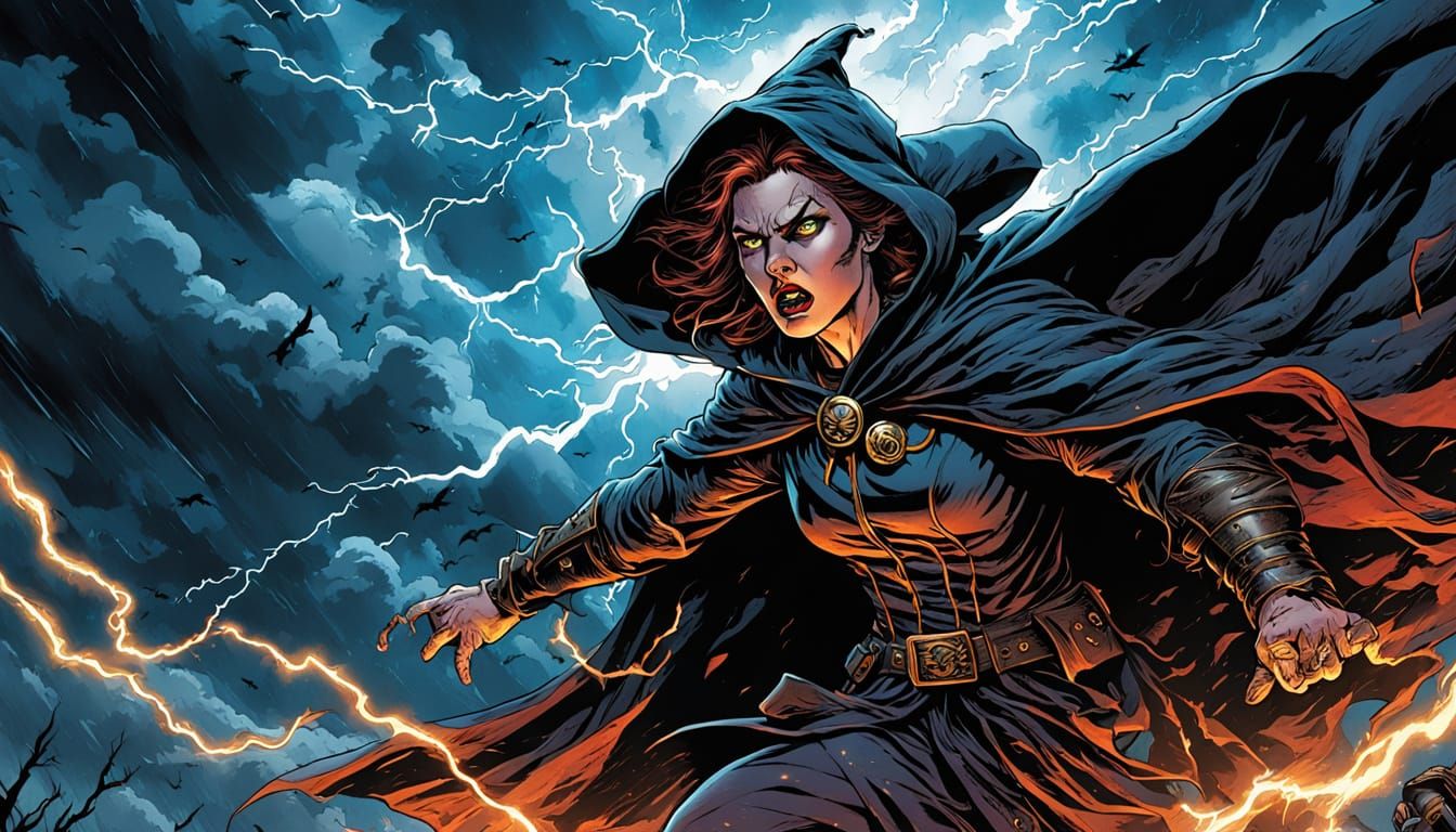 Dramatic Comic Art: Witch Soaring Through Stormy Sky