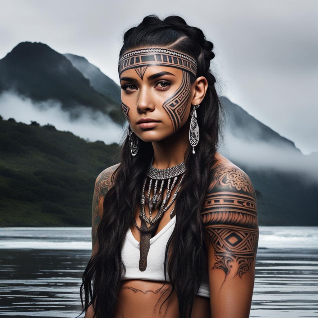 Maori Girl with Face Tattoo and Waterfall Hair