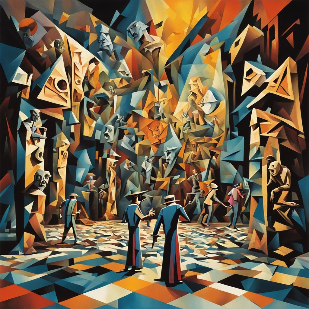 Surrealistic Theater of Ancient Monsters in Cubist Style