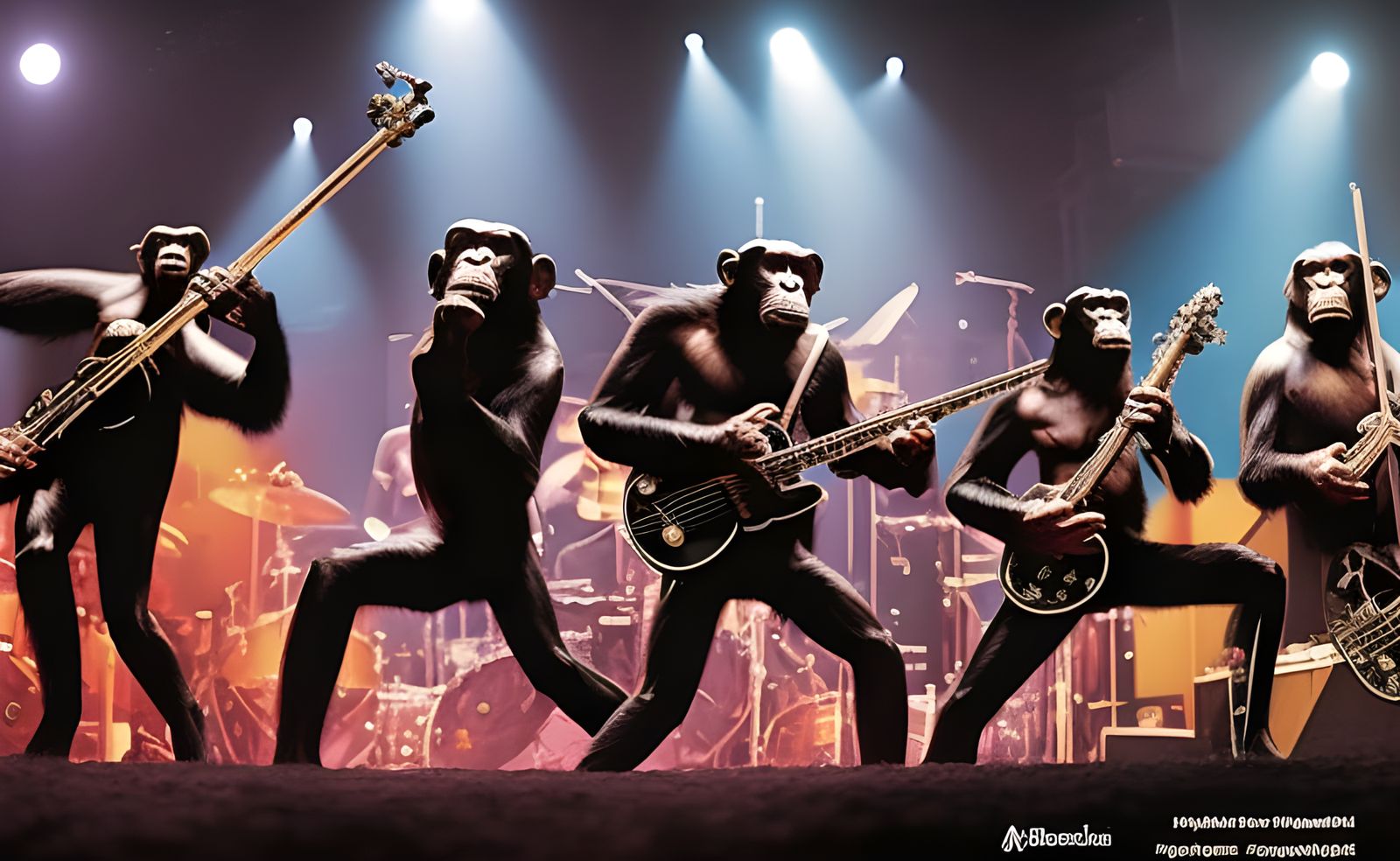 Chimpanzee Rockstars Concert in Hyperrealistic Comic Art Sty...