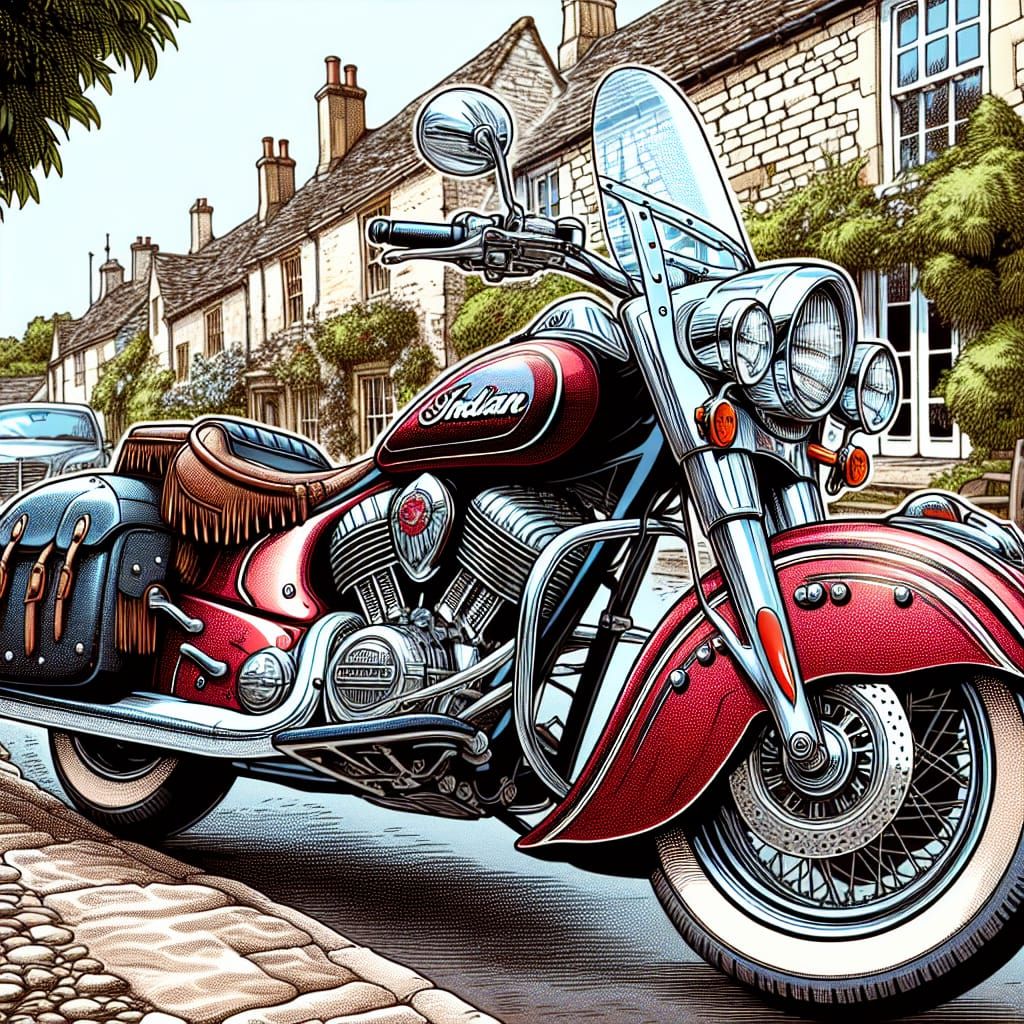 Indian Motorcycle in Cotswolds, Manga Illustration