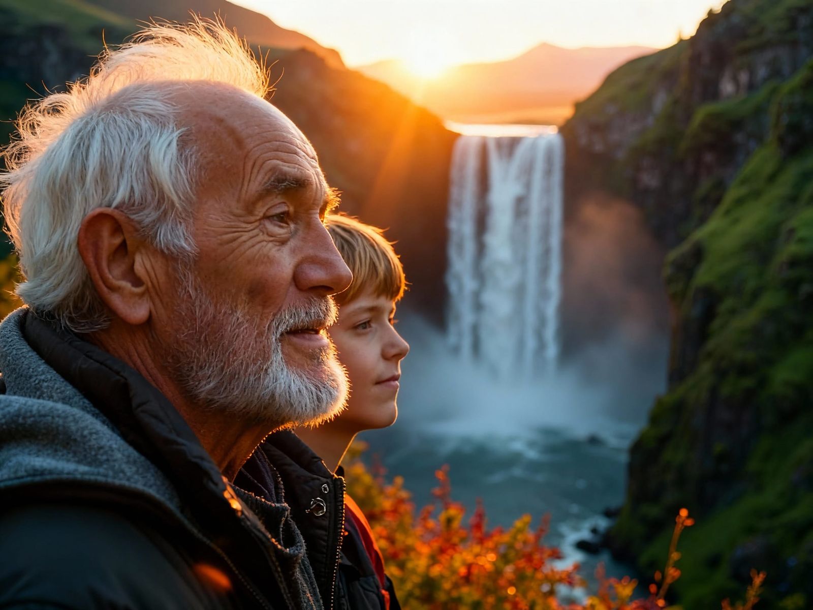 Grandfather and Grandson Admire Sunset Waterfall in Mountain...