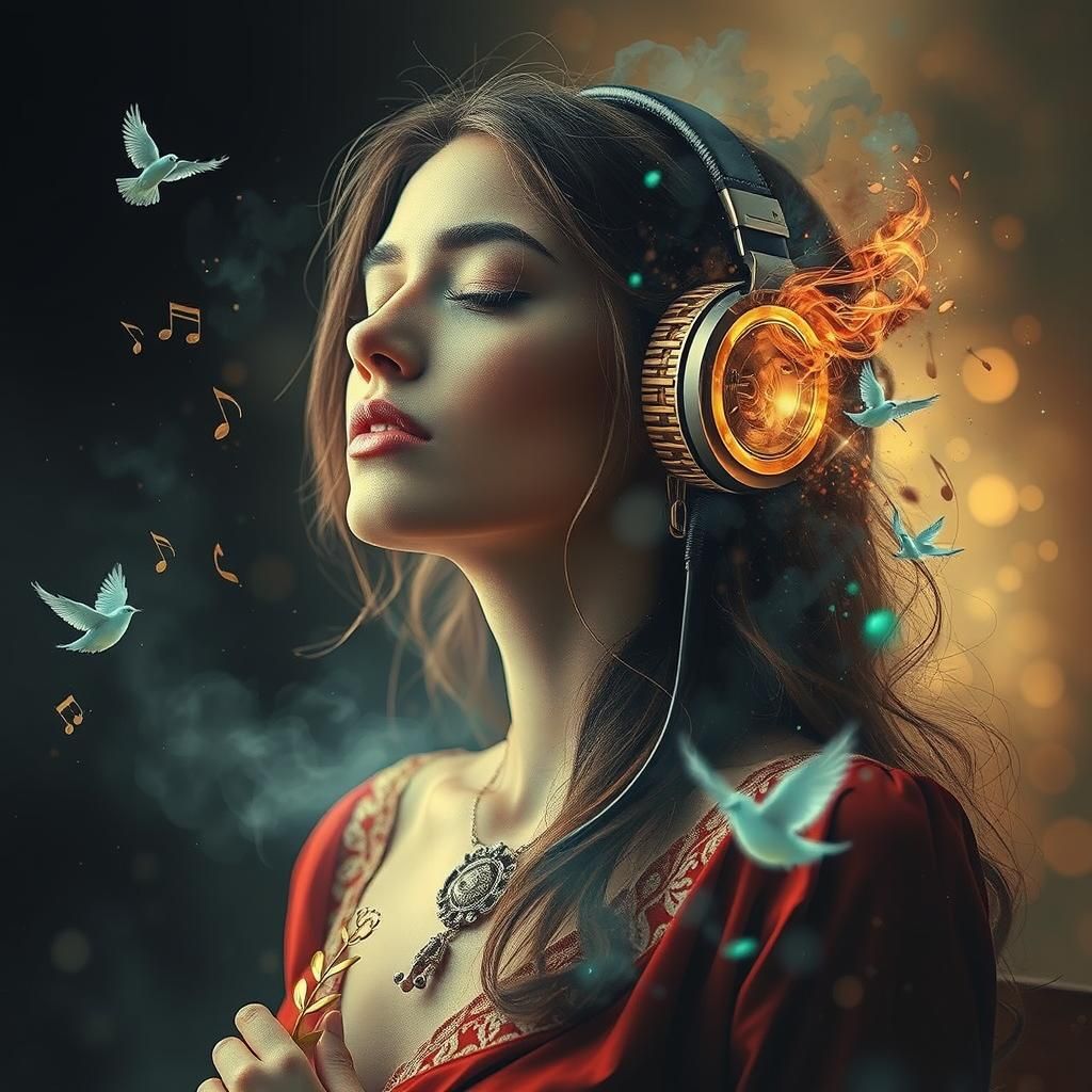 Surreal Double Exposure: Woman Listening to Music