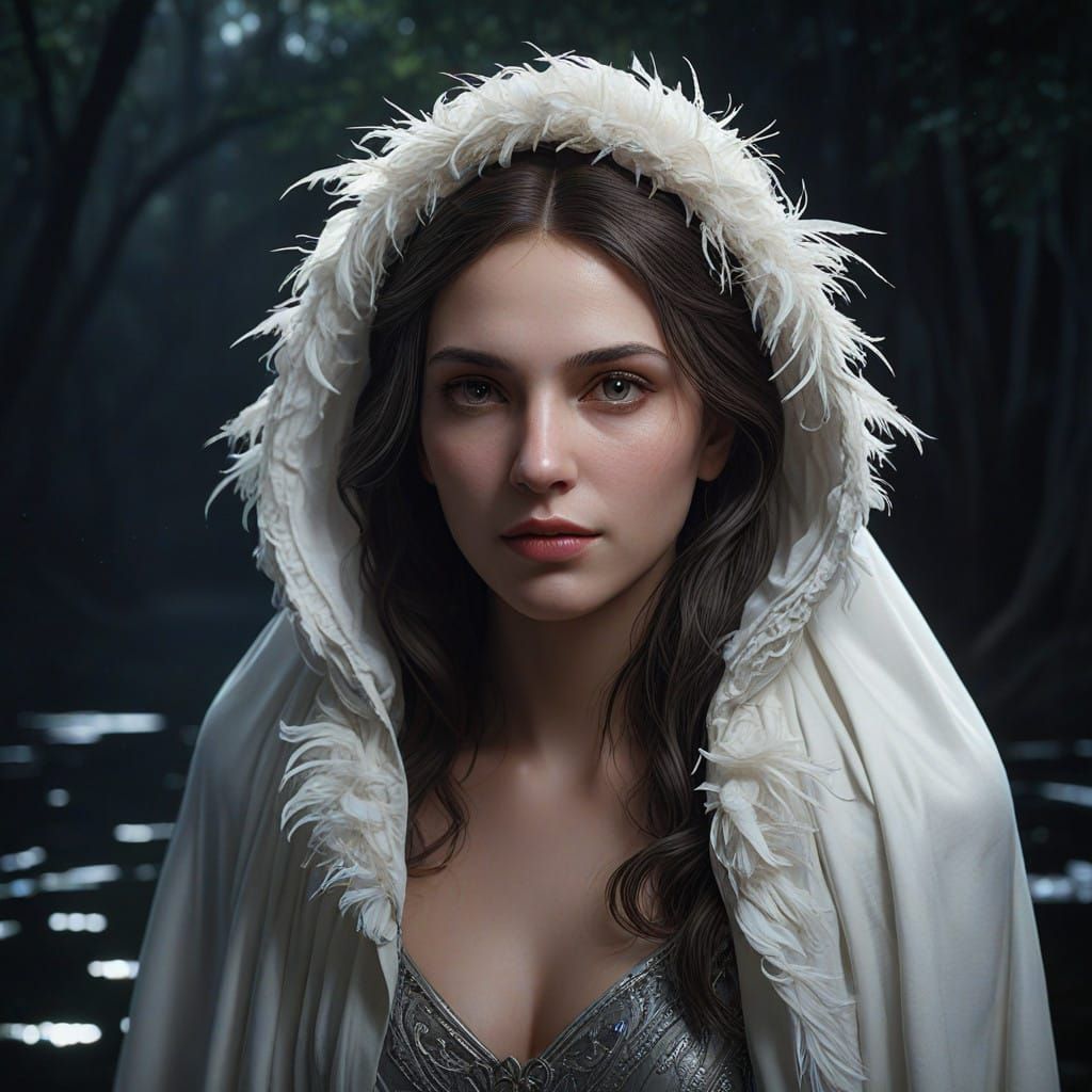 Ethereal Vampire Goddess Basks in Moonless Lake Landscape